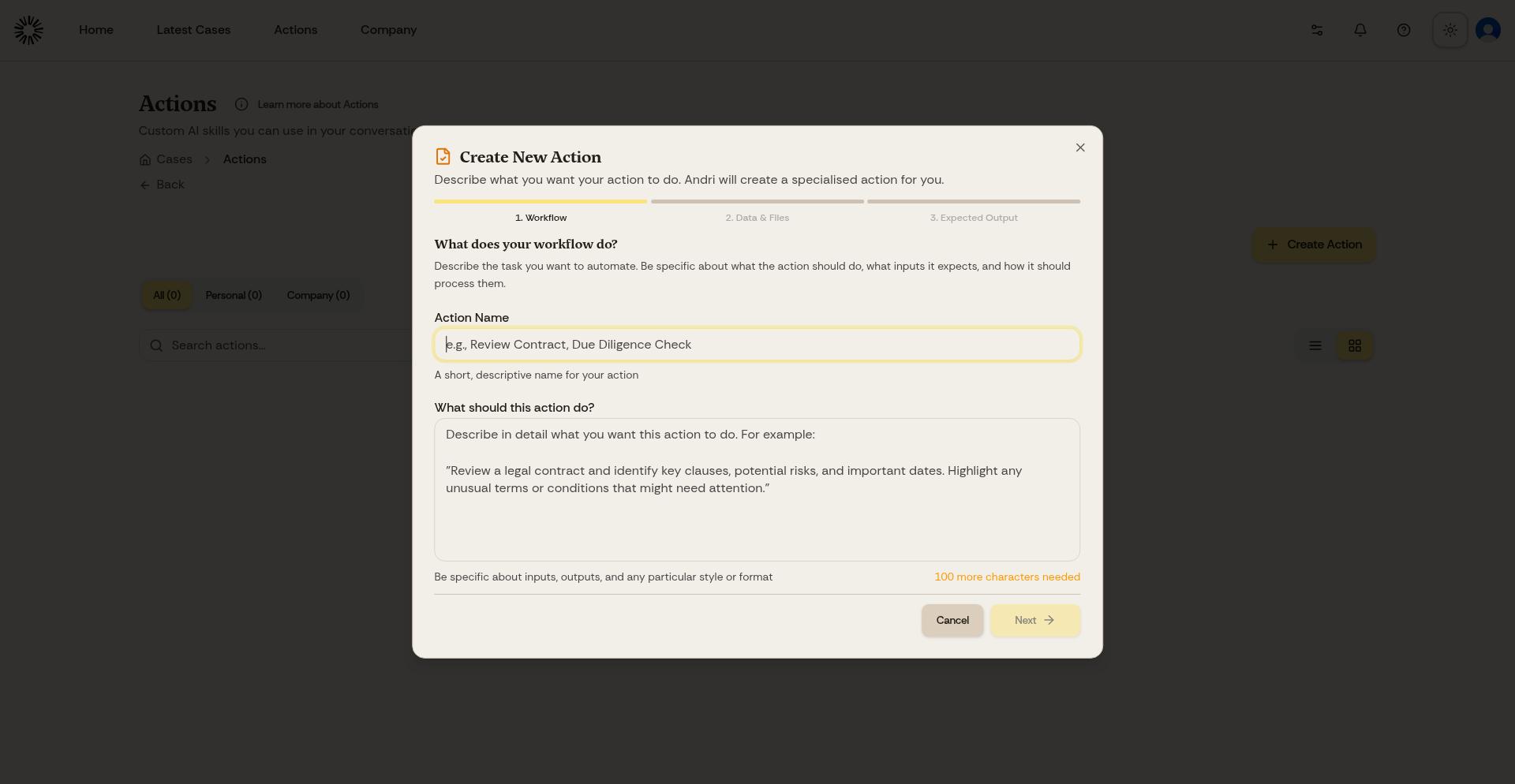 Create Action interface