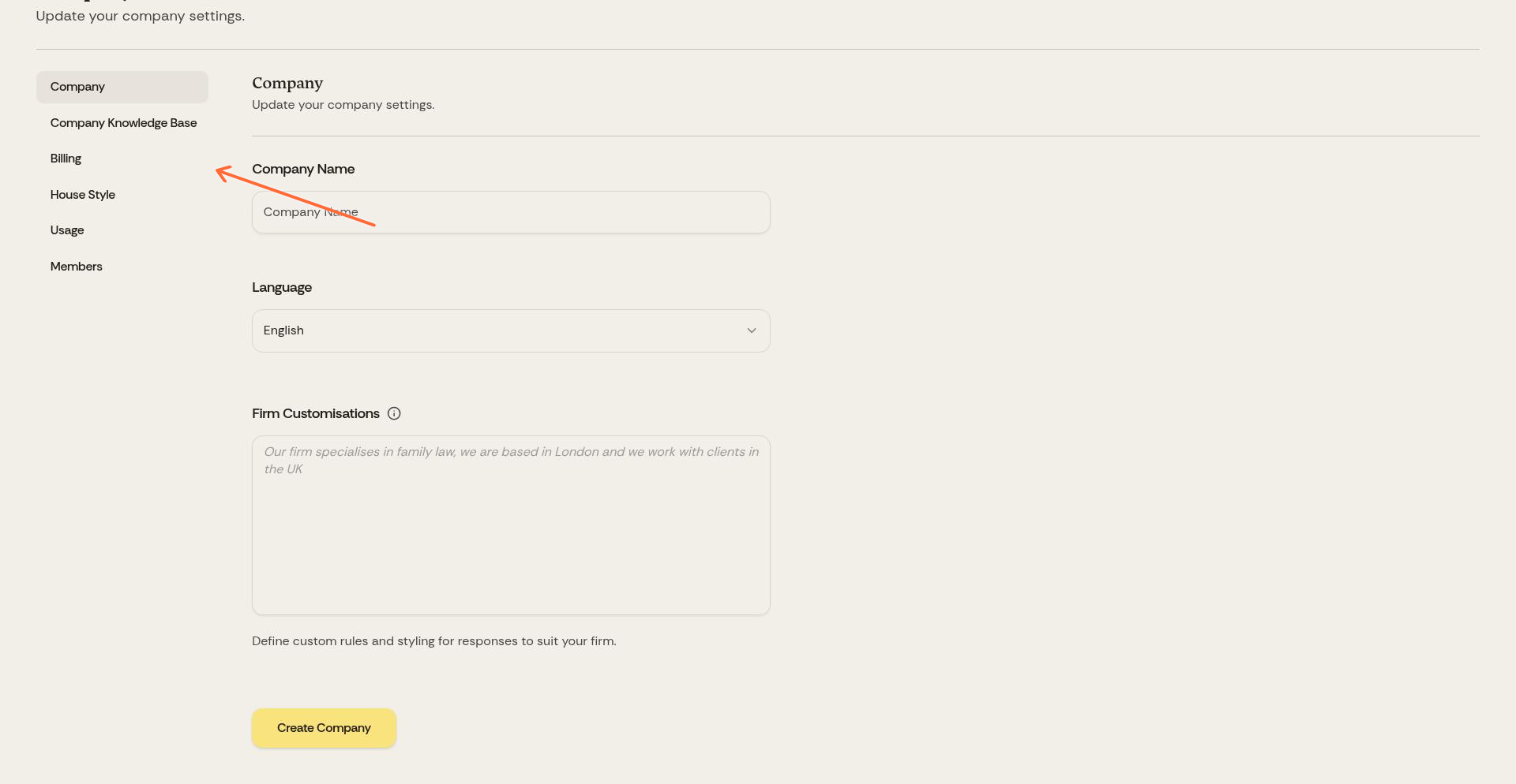Company settings left sidebar with Members option highlighted