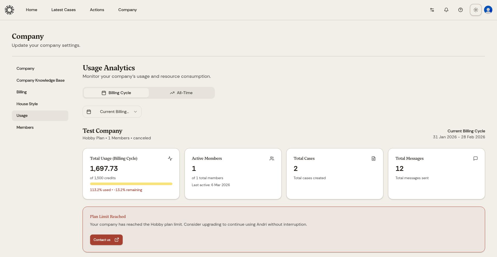Usage dashboard showing token consumption analytics