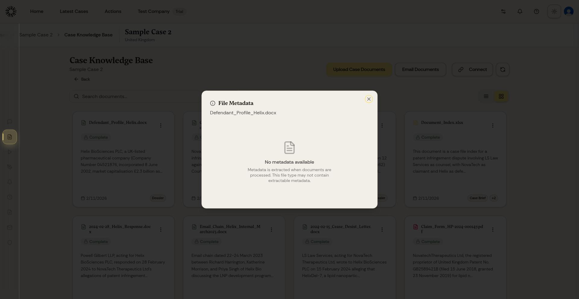 Document metadata panel showing file details and AI analysis