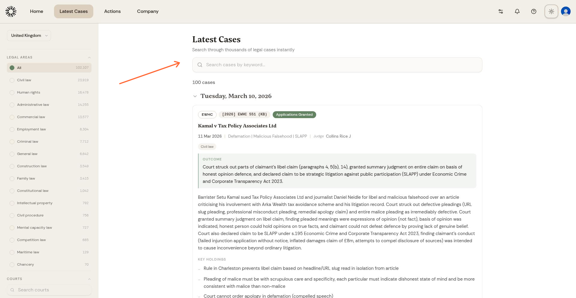 Latest Cases search interface with search bar highlighted