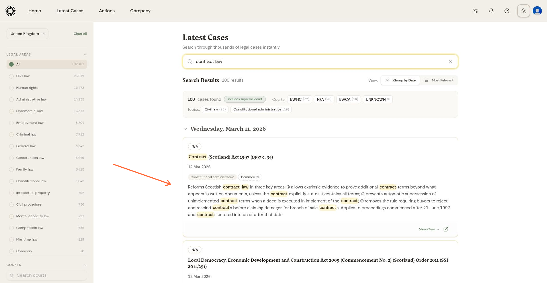 Search results page showing filters sidebar and case list