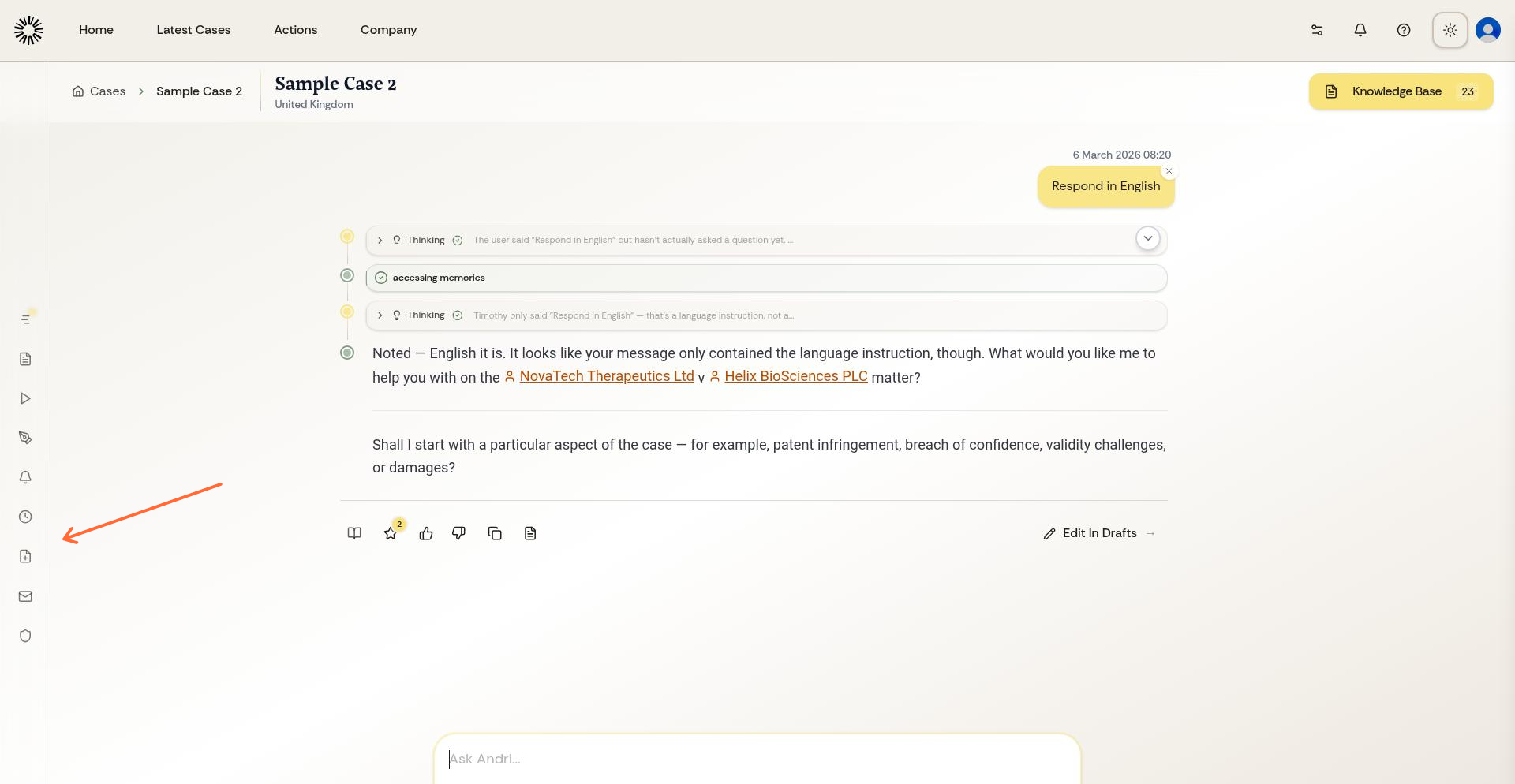 Case left sidebar menu with Drafts option highlighted