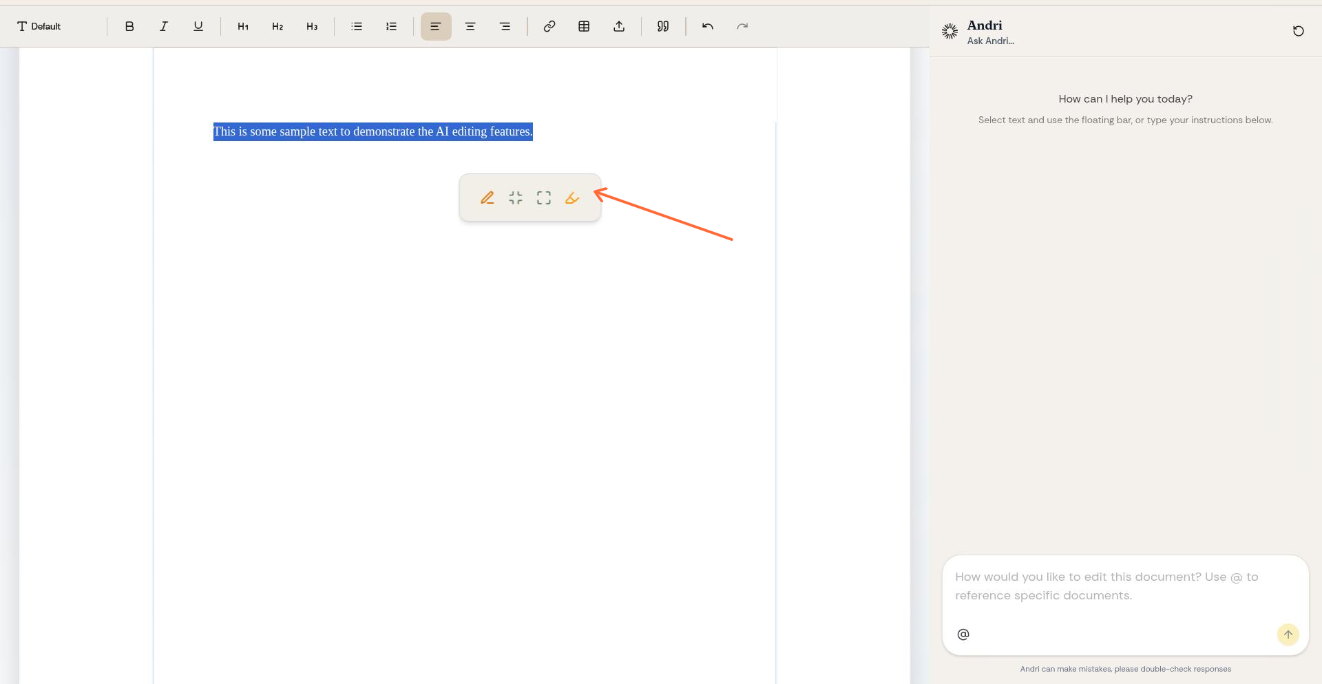 AI editing menu appearing above selected text with options like Rewrite, Expand, Shorten