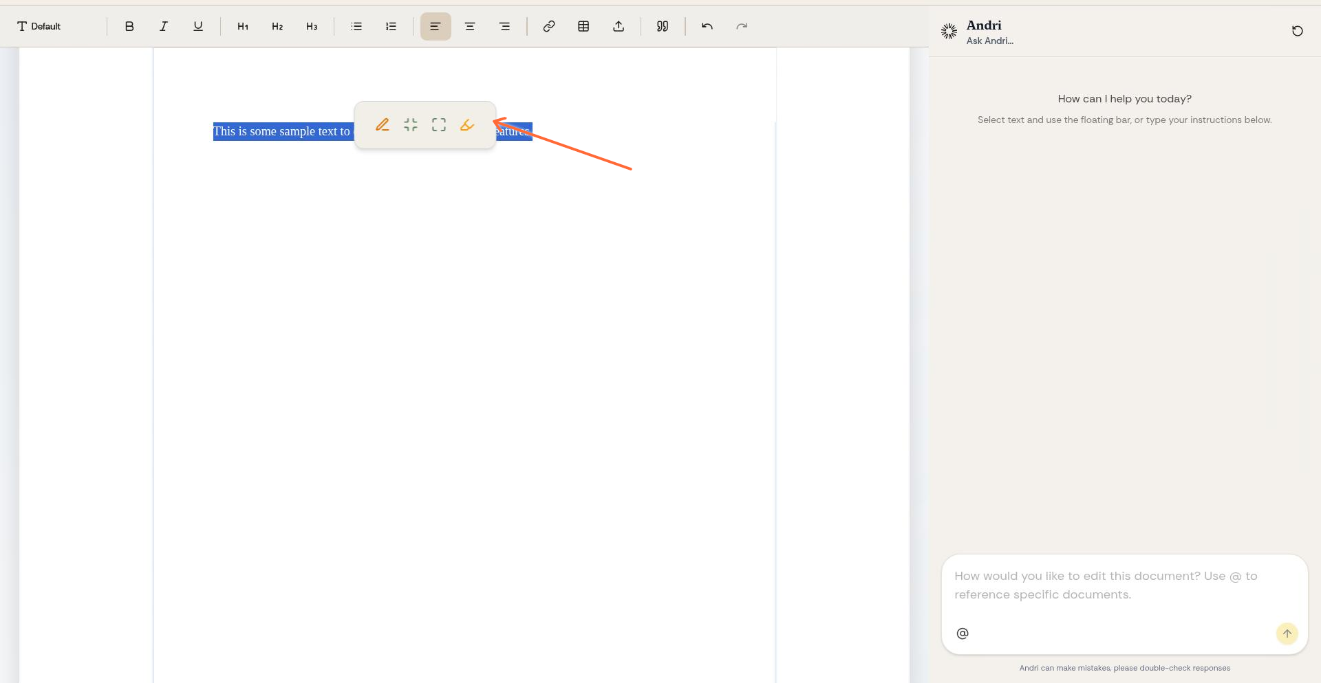 Detailed view of AI editing options including Edit with Andri, Summarise, Expand, and Highlight