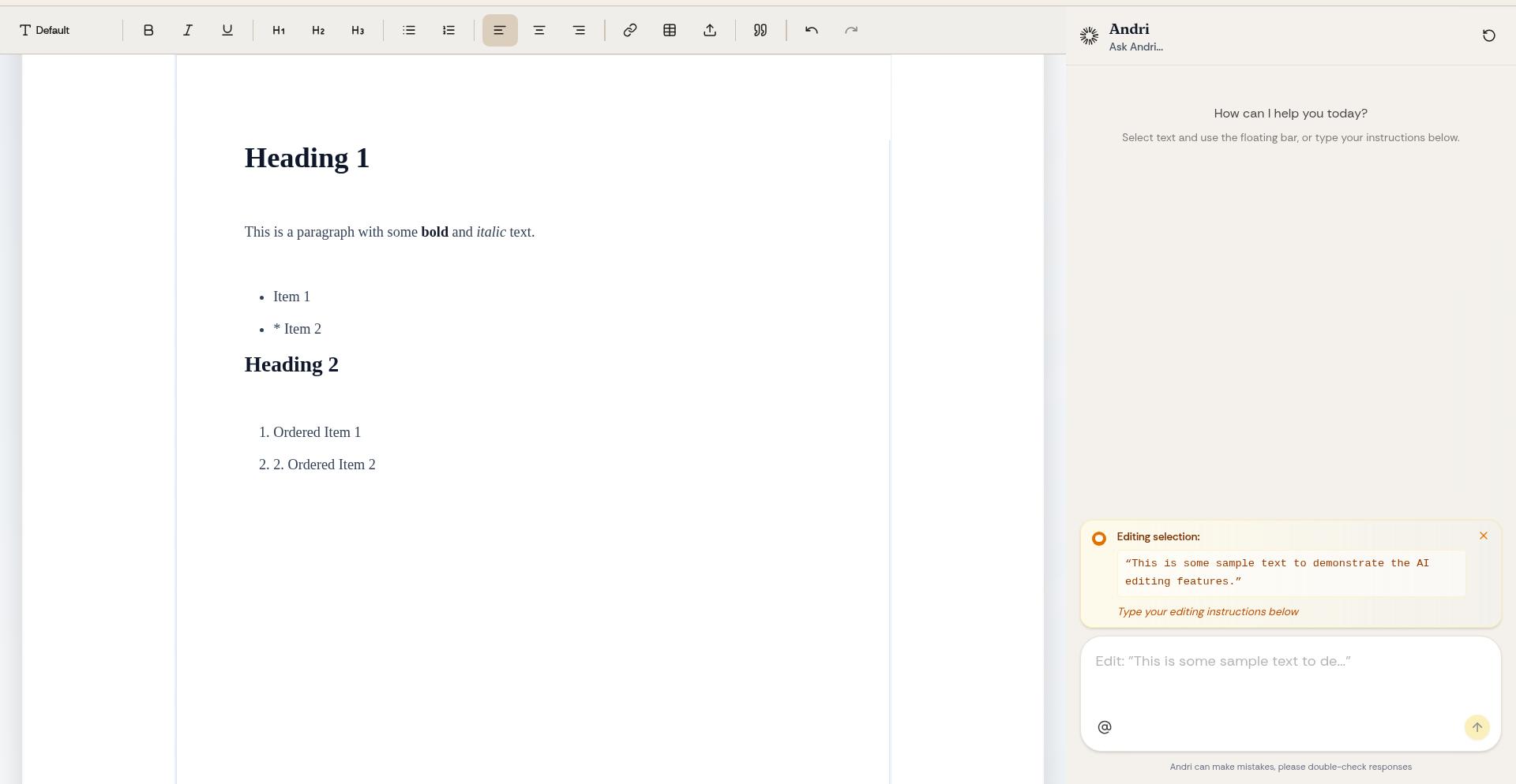 Draft editor showing formatted document with headings, paragraphs, and lists