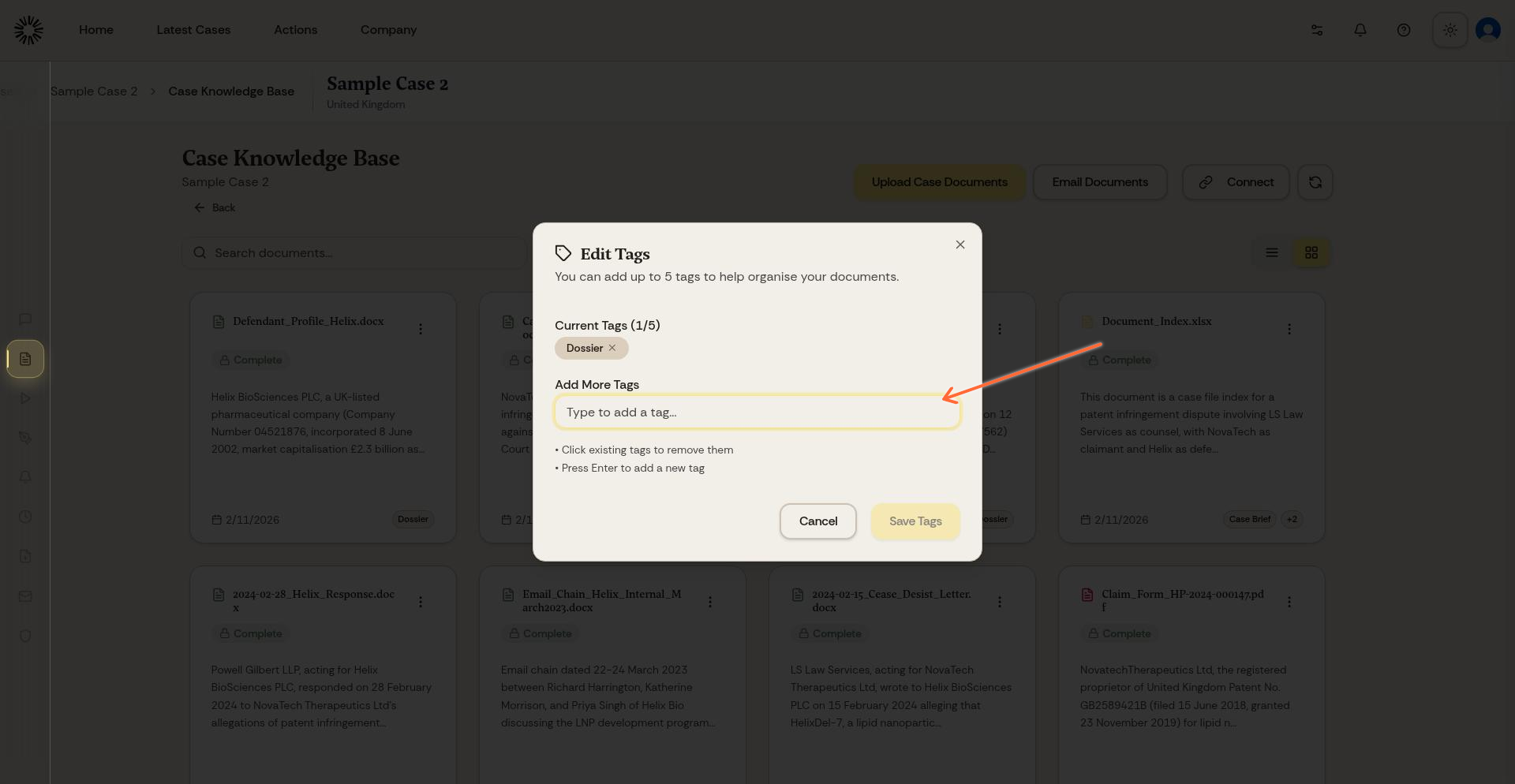 Tag editor interface with input field to add new tags