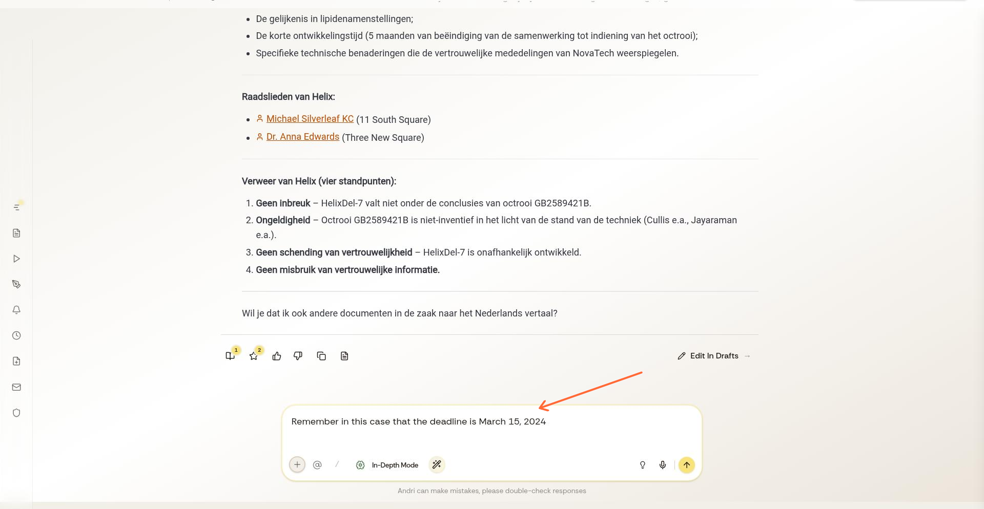 Chatinvoer met commando voor zaakherinnering: Onthoud in deze zaak dat de deadline 15 maart 2024 is