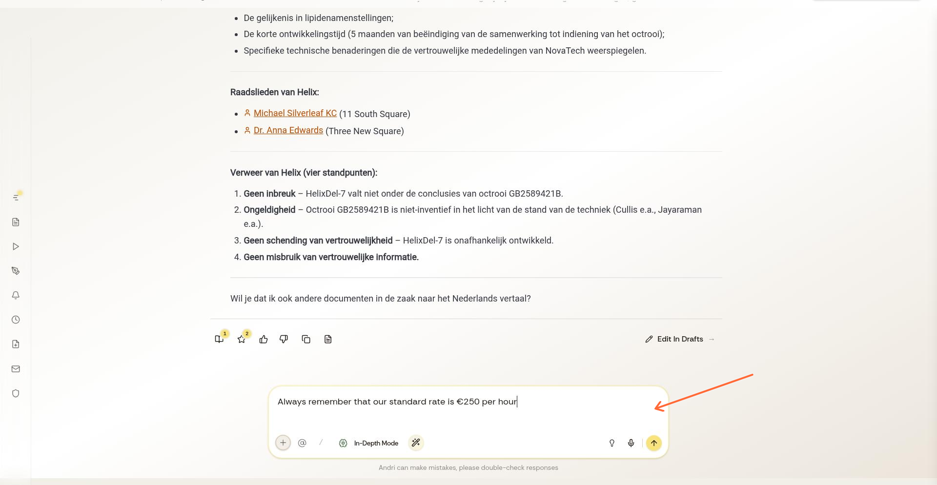 Chatinvoer met commando voor kantoorherinnering: Onthoud altijd dat ons standaardtarief €250 per uur is