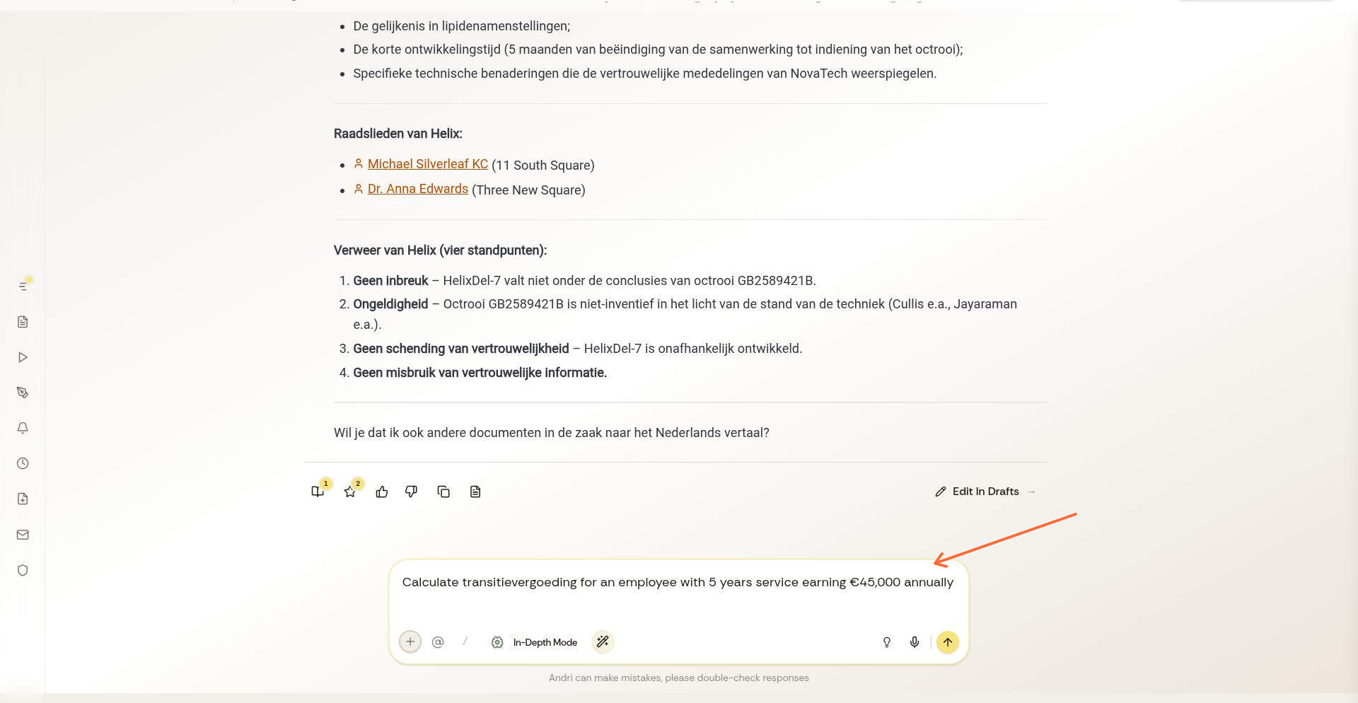 Chat input showing specialized tool request: Calculate transitievergoeding for an employee with 5 years service earning €45,000 annually