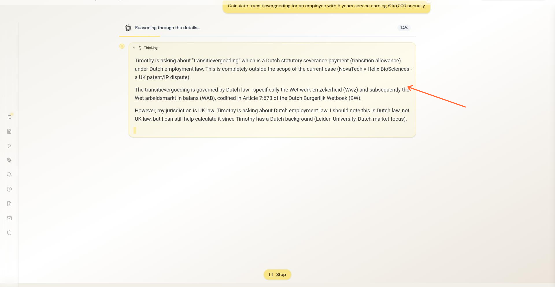 AI response showing specialized tool calculation output with detailed reasoning