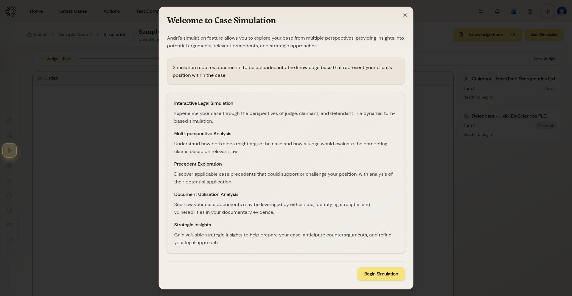 Court Simulation screen in Andri
