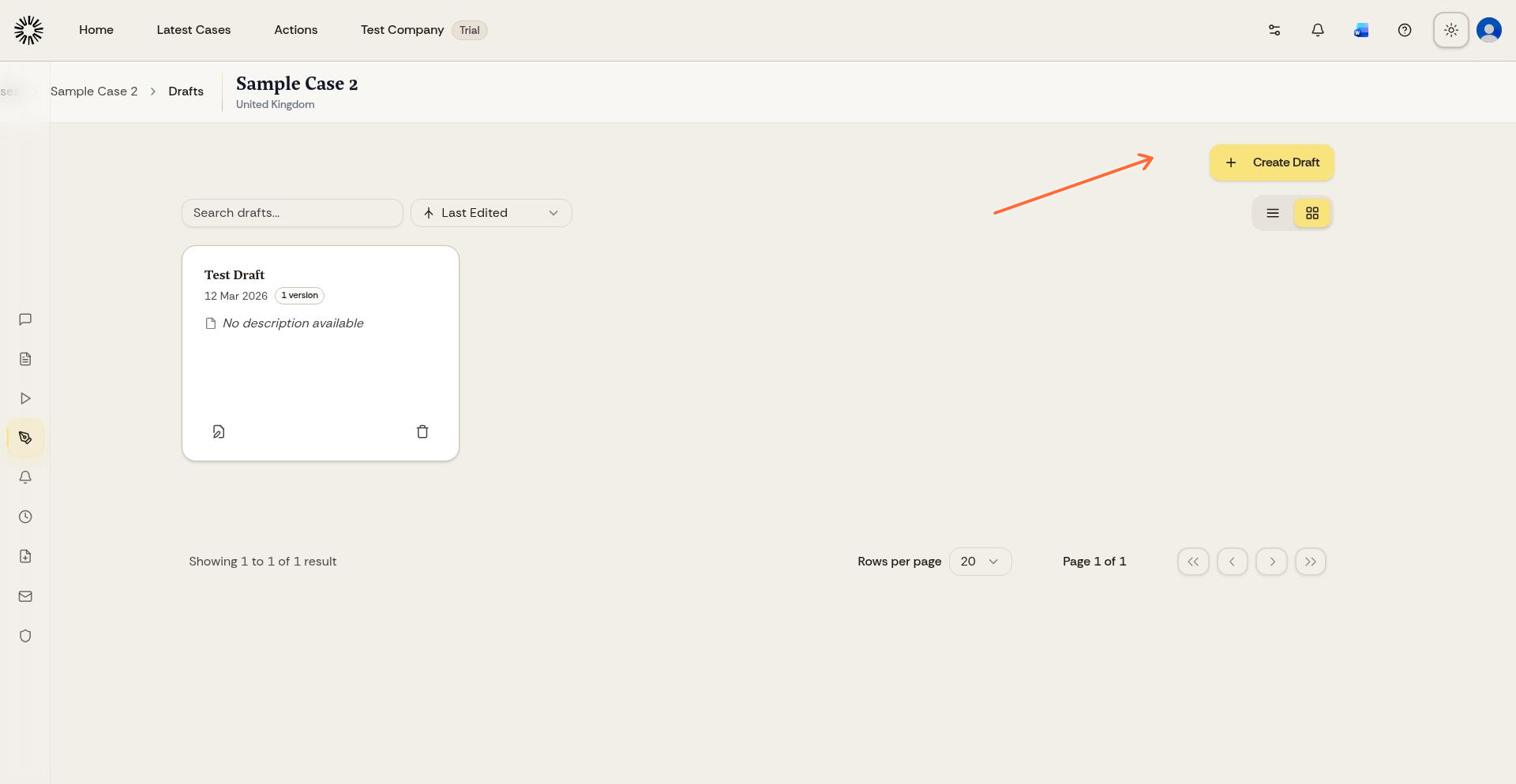 Drafts page showing the Create Draft button