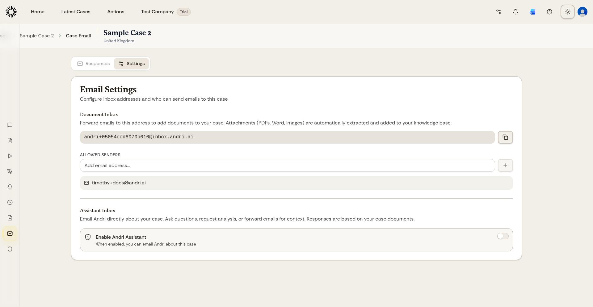 Case Email page showing the case email address
