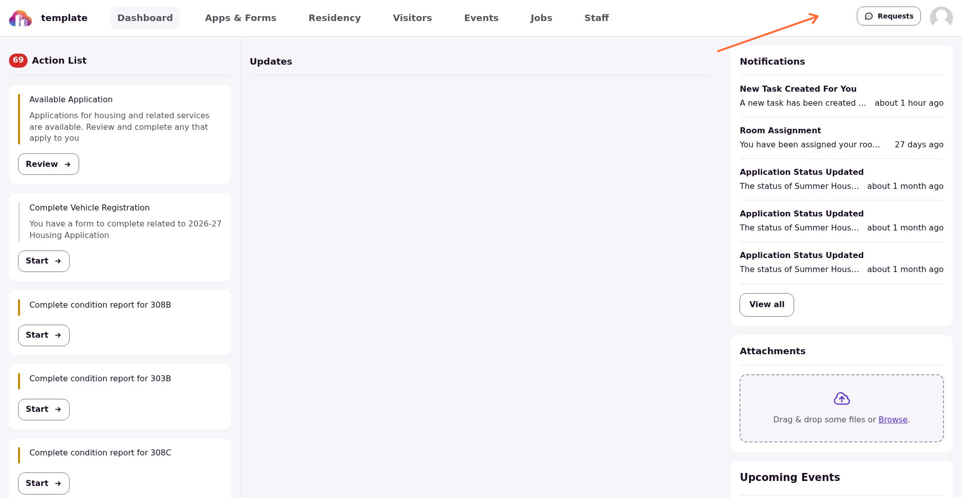 The Resident Portal home screen with the Requests button highlighted in the top navigation.