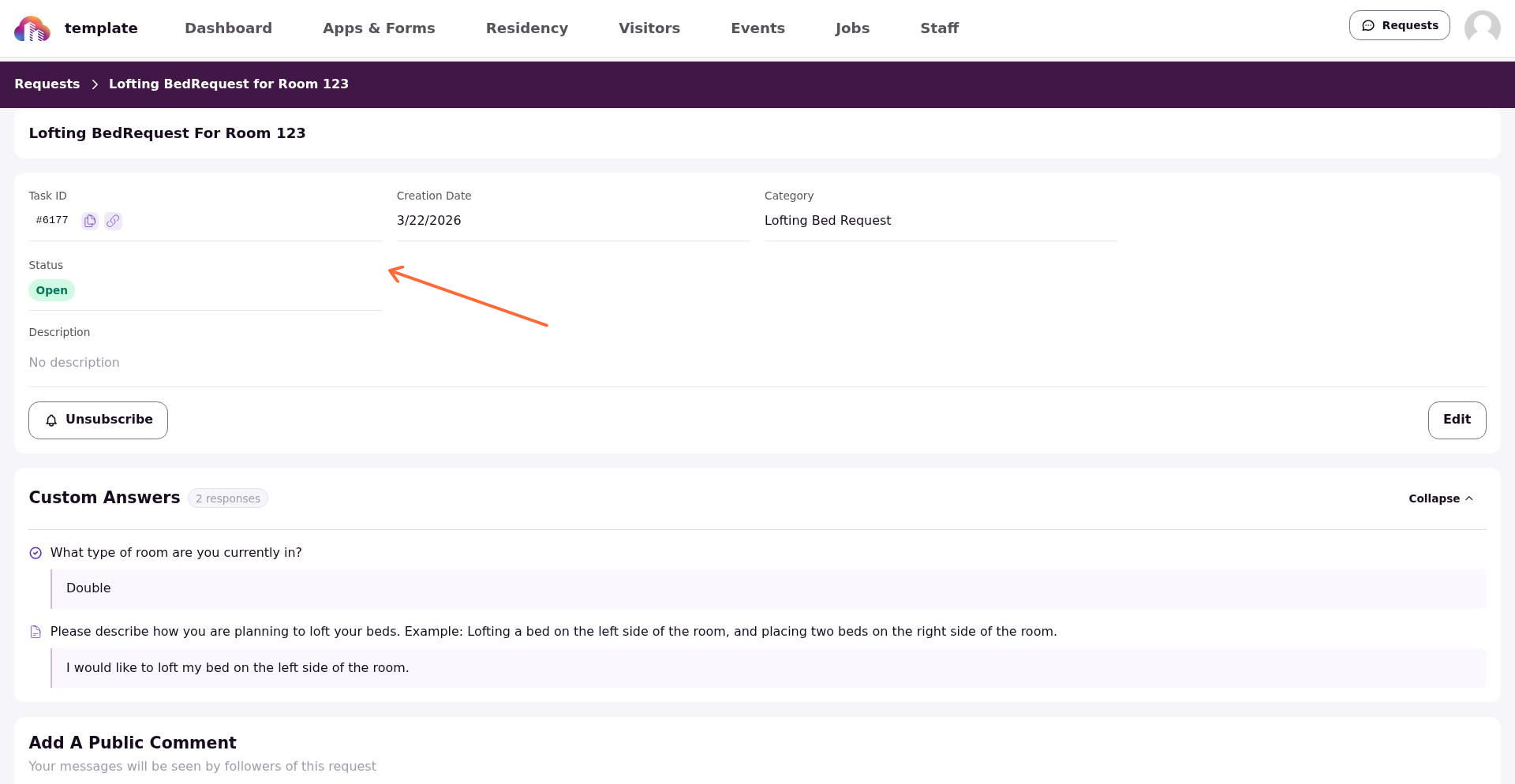 A submitted request showing its current status in the Resident Portal.