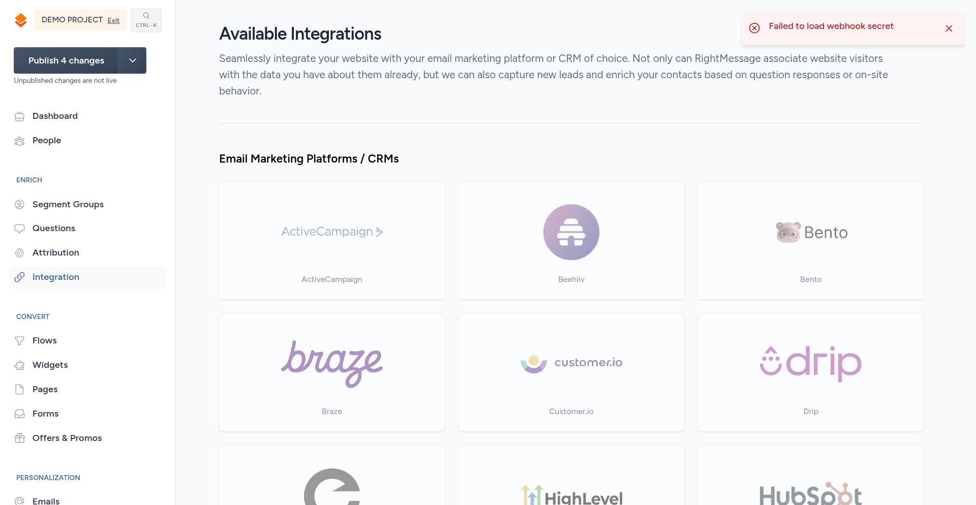 Intercom listed in the RightMessage integrations screen
