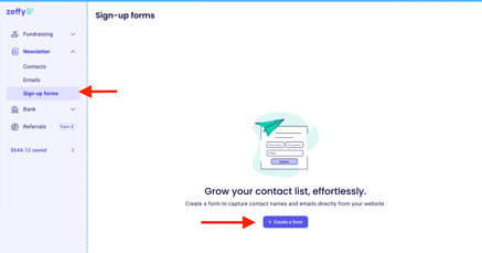 Sign-up Forms page with the Create Form button