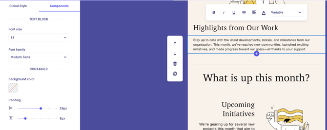 Text and heading formatting settings in the builder