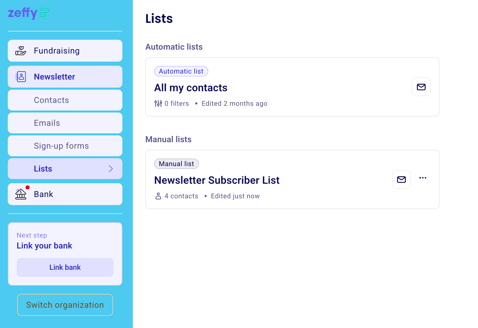 Contacts Lists area showing a newsletter subscriber list