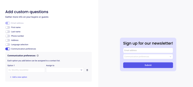 Communication preferences setup on a sign-up form