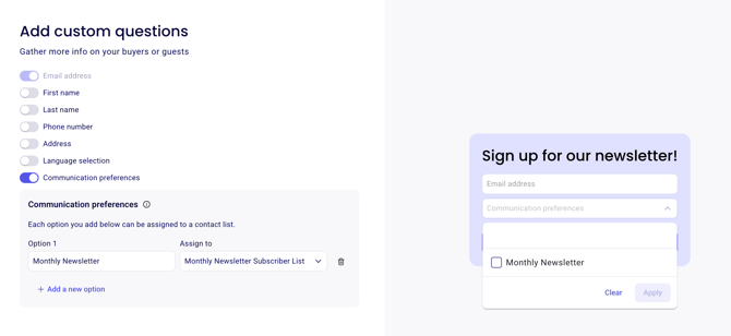 Assigning a communication preference option to a new list