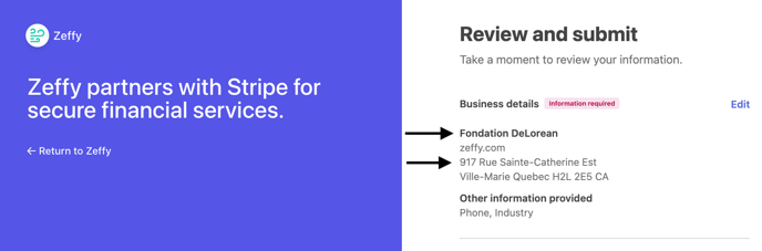 Stripe verification snip name and address