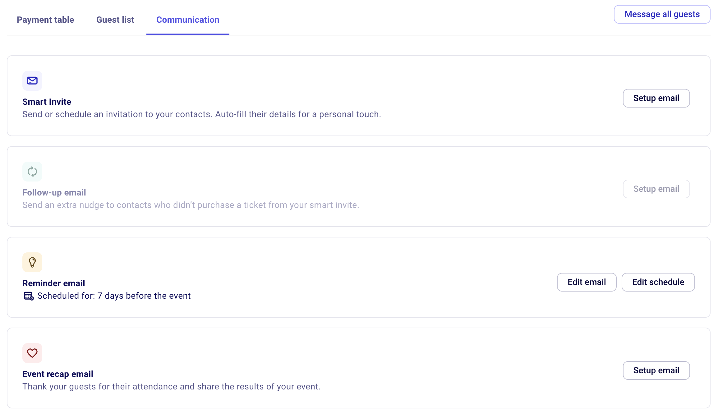Campaign communications options for a Zeffy form