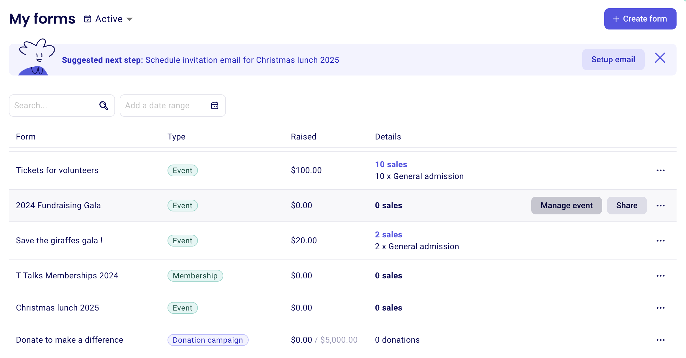 Forms page with the manage button for a campaign
