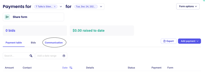 Communications tab on a campaign management page