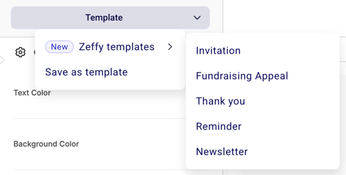 Zeffy template gallery showing newsletter and fundraising options