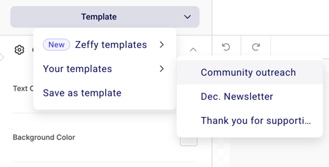 Your templates section showing saved email templates