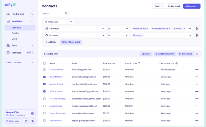 Contacts area showing filters and lists tabs