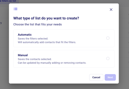 Manual list option when saving filtered contacts