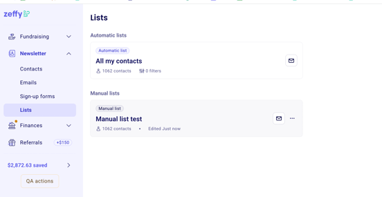 Saved manual list in the Lists tab
