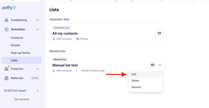 Options to edit, rename, or delete a saved list