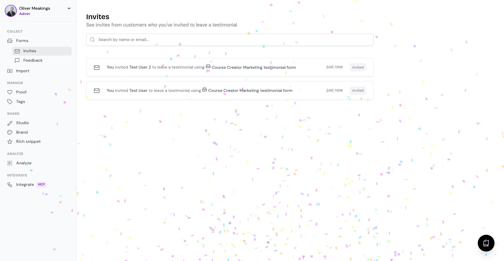 Sent invites listed in the Invites page