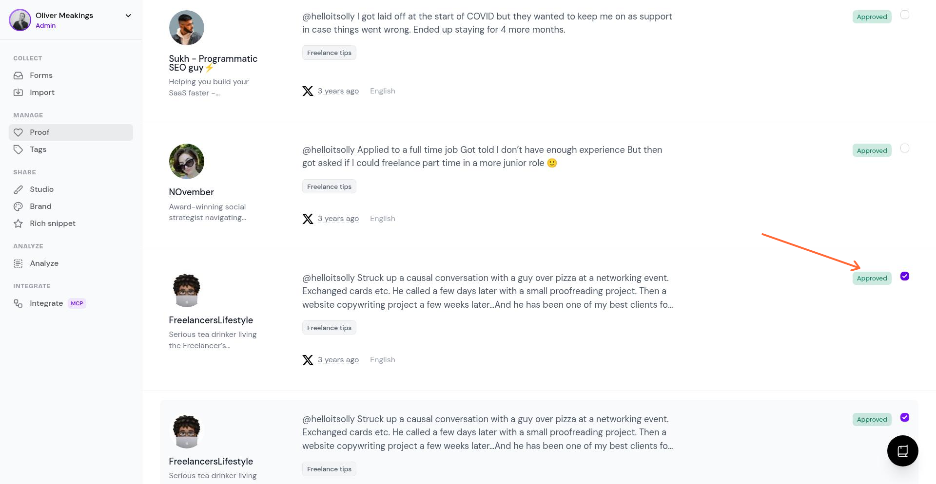 Selecting multiple testimonials to merge