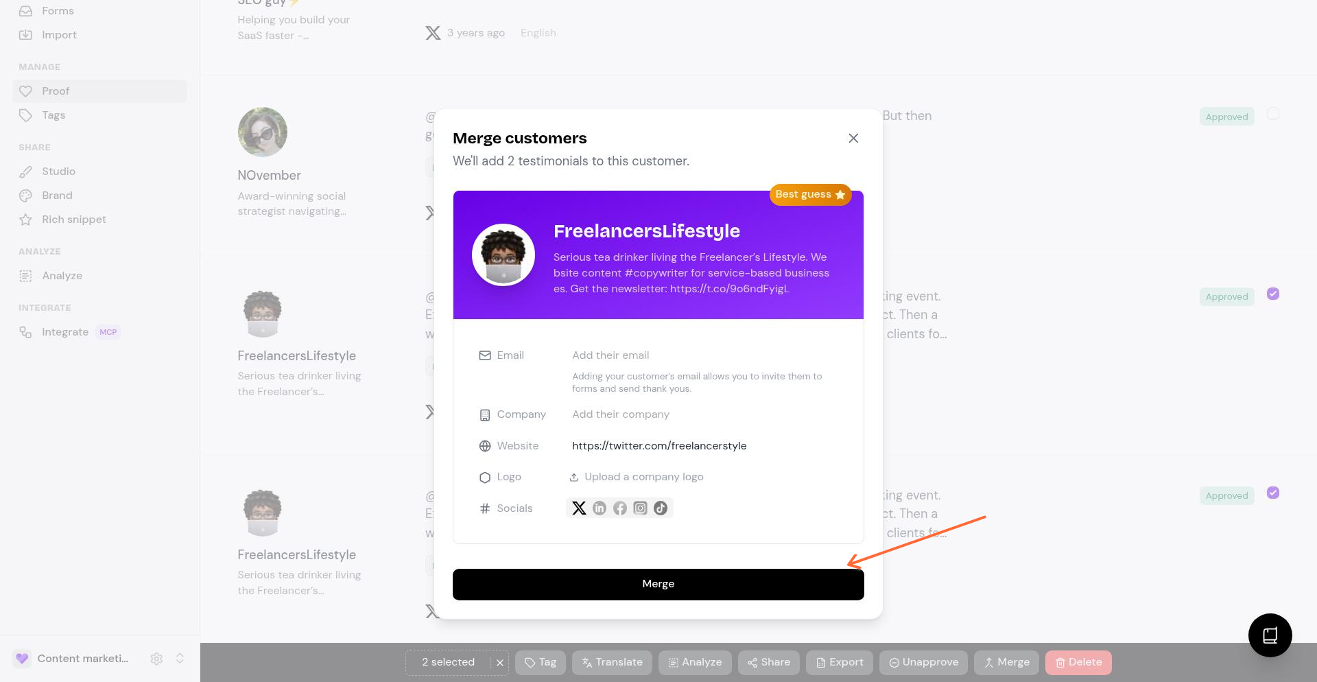 Merge customers modal in Senja