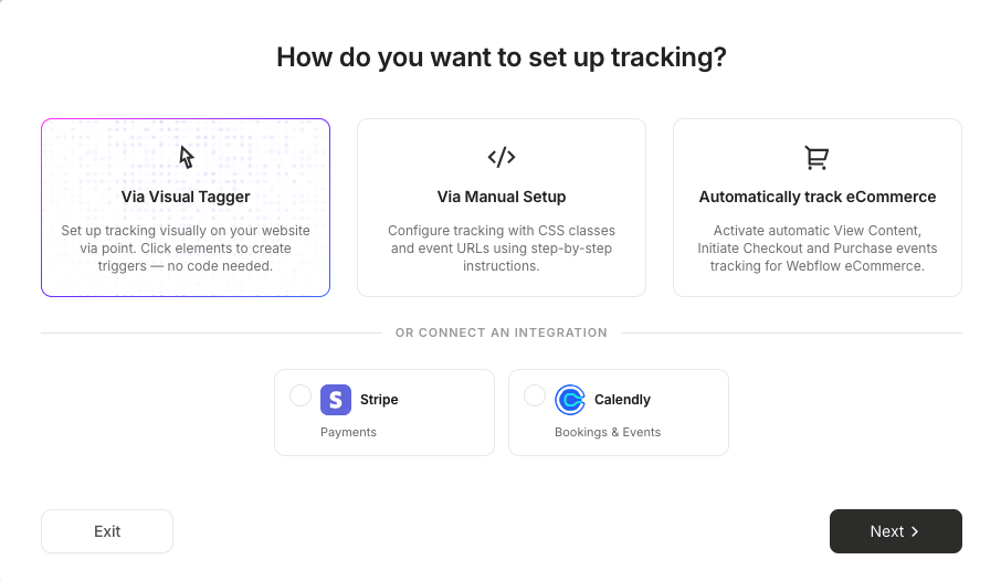 Tracking setup screen showing Stripe Payments as an integration option