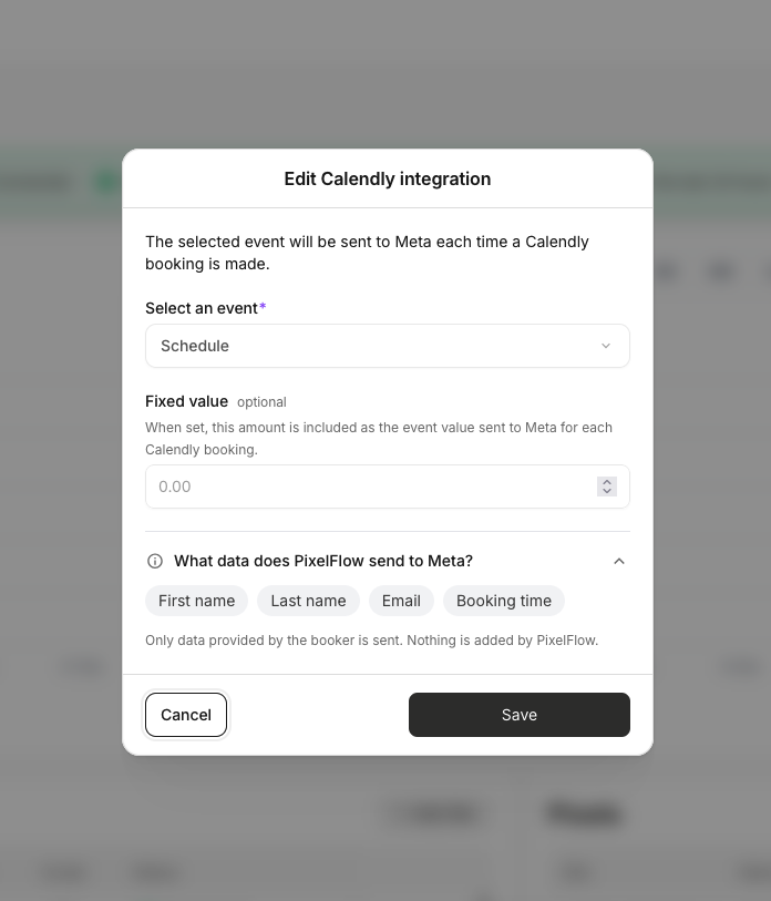 Edit Calendly integration modal showing event selection and fixed value fields