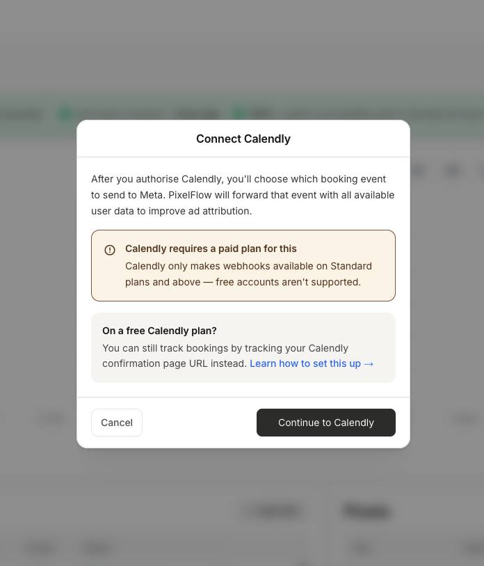 Connect Calendly modal explaining webhook requirements and the Continue to Calendly button
