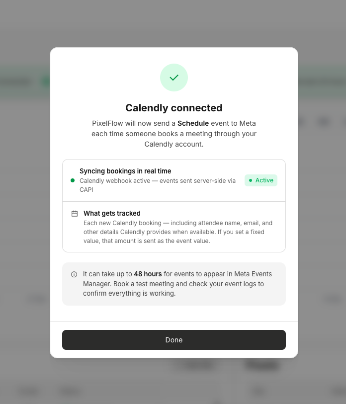 Calendly connected confirmation modal showing active real-time booking sync