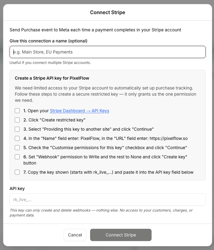Connect Stripe modal showing the restricted API key setup steps