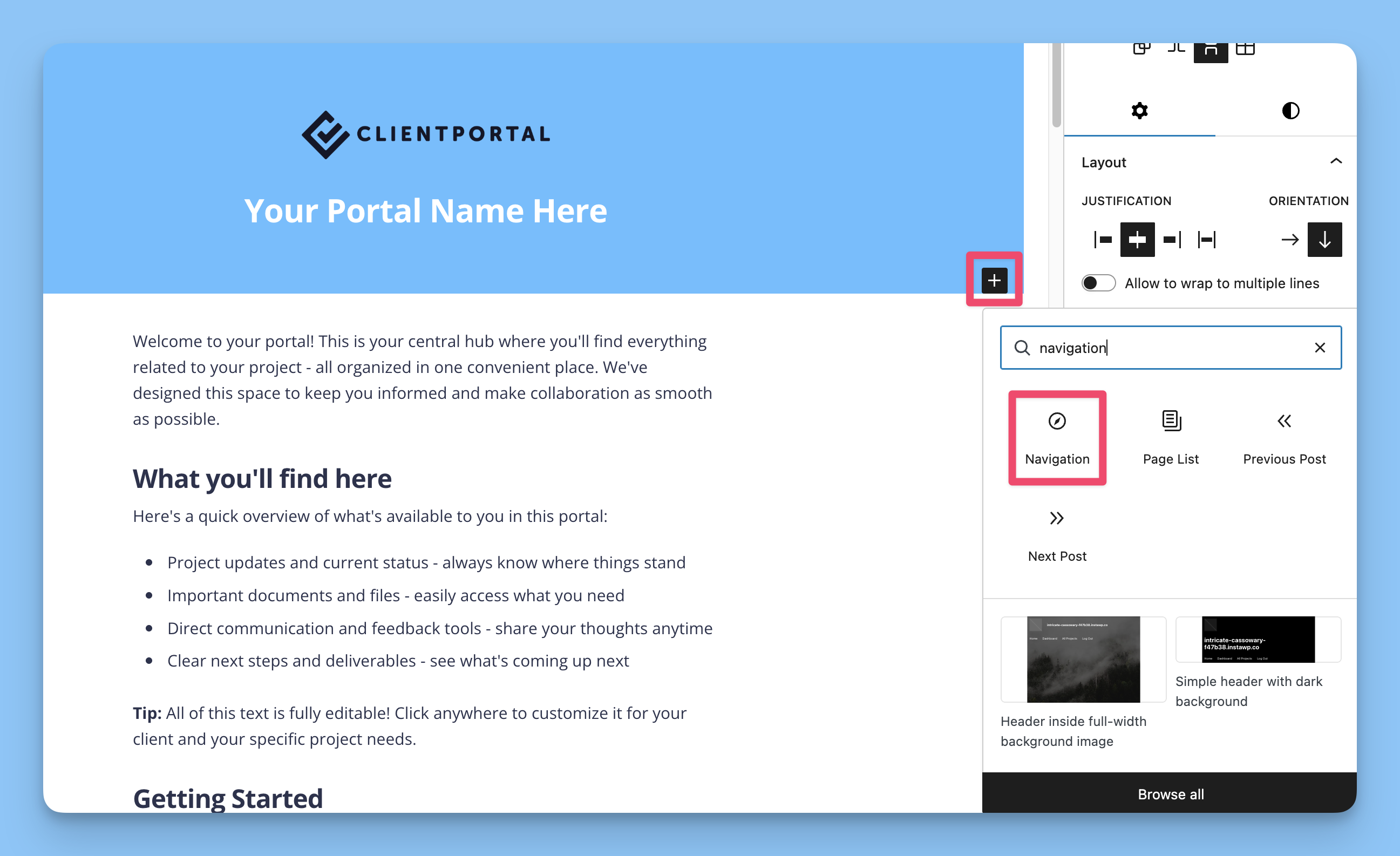 Searching for the Navigation block to add the Client Portal menu back