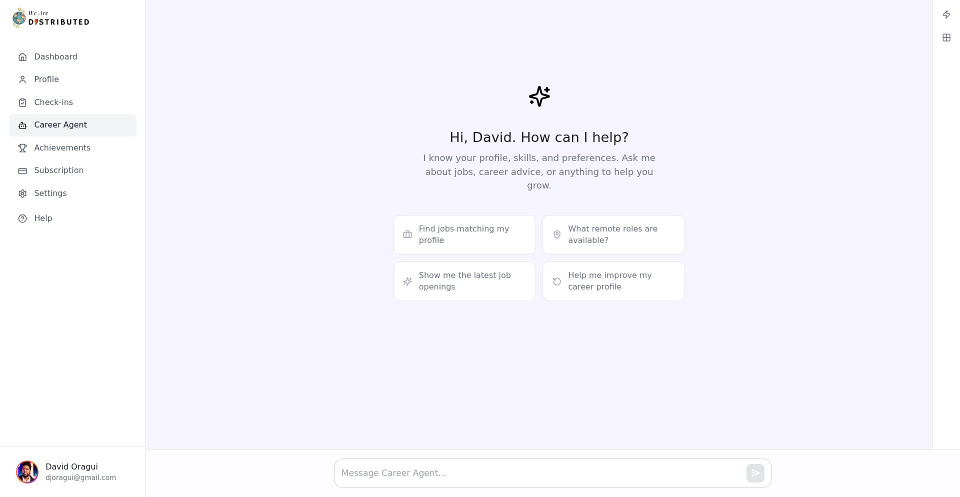 AI Career Agent interface in We Are Distributed
