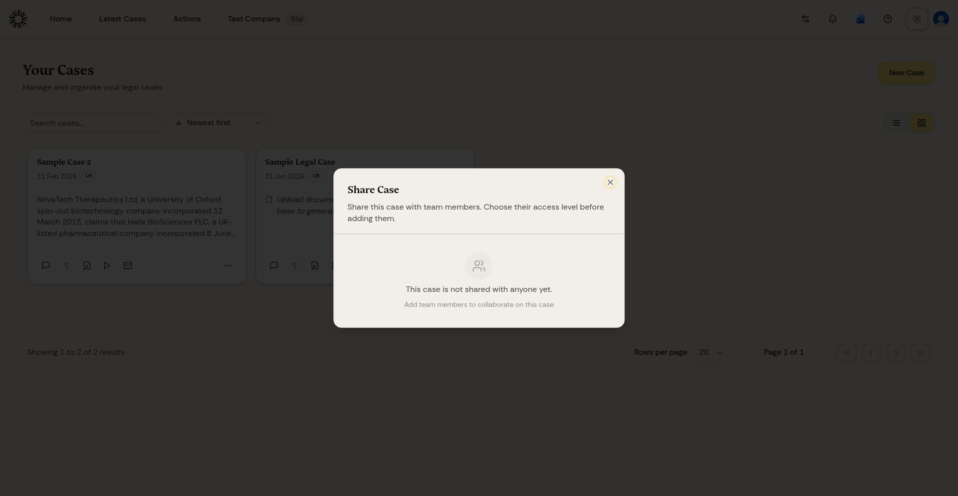 Share case window showing how to add a teammate to a case