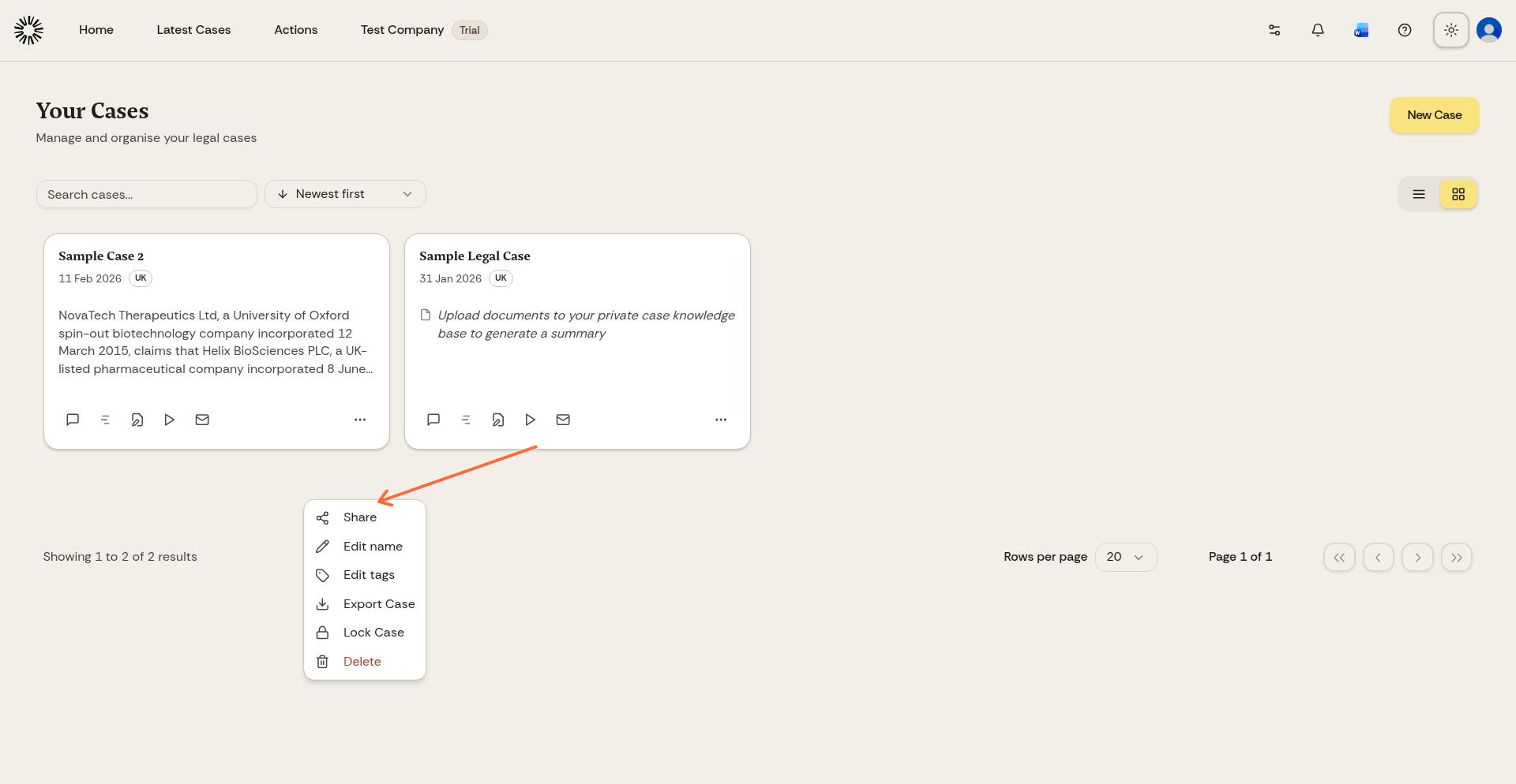 Case card menu with the Share option visible