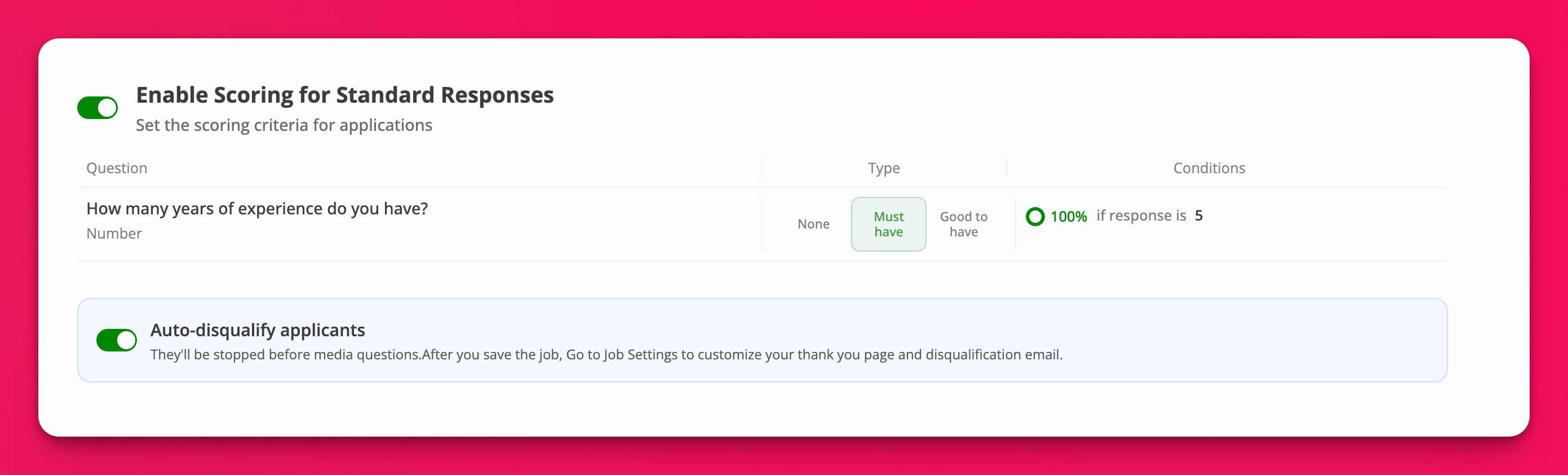 Auto-disqualify applicants toggle in the Scoring step