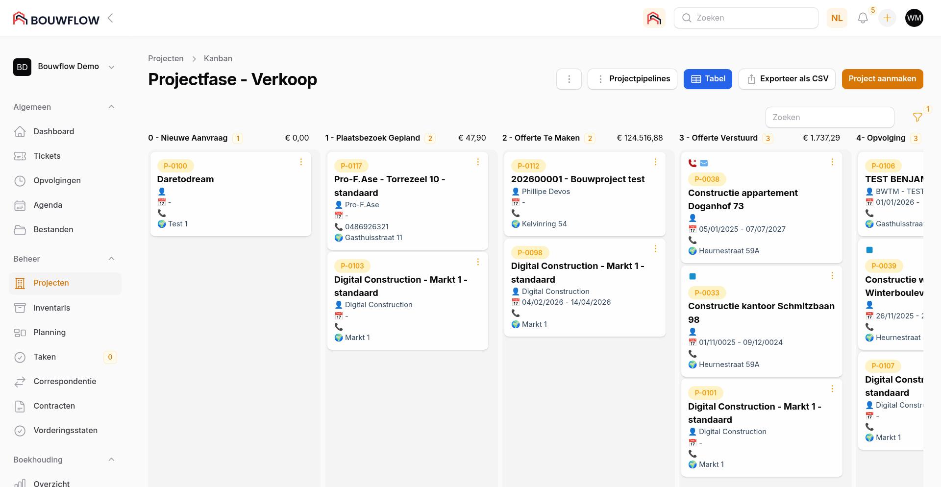 Projectpipeline met projectfases als kolommen in Bouwflow
